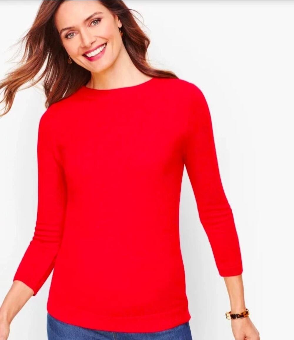 Talbots Audrey 100% Cashmere Red Crewneck Sweater 3/4 Sleeve Size Small Petites